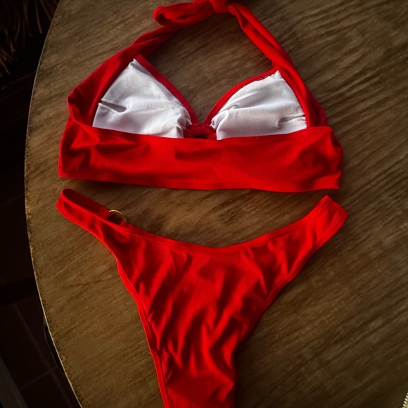 Red Ribbed Bikini Set with Gold Rings - Picture 3 of 4
